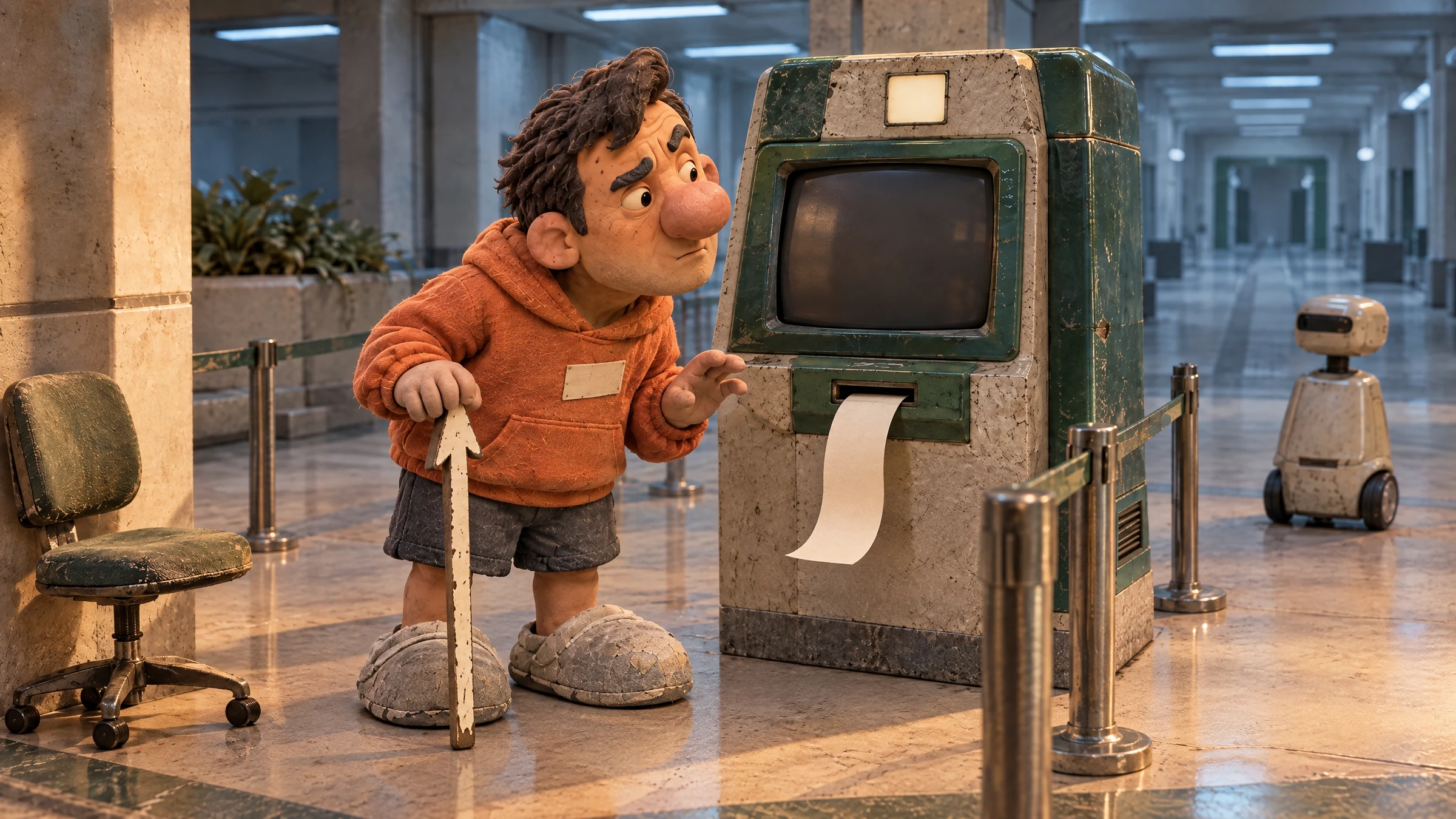 Hugh hesitates beside the checkpoint screen while a long paper rejection ticket curls from the slot.
