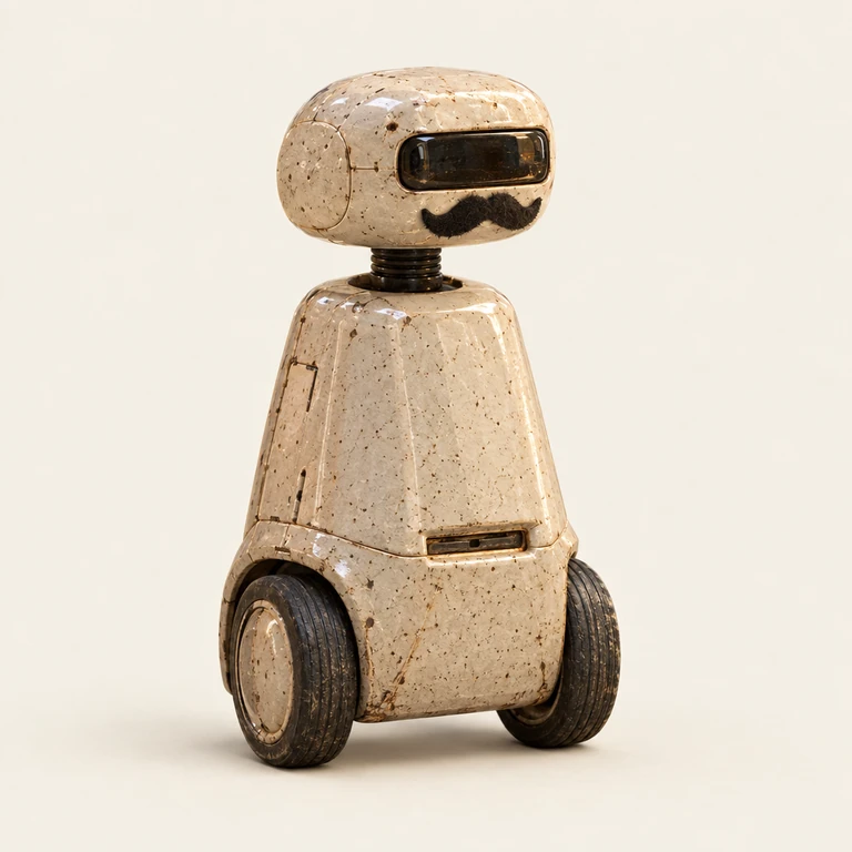 A ceramic rolling robot with a crooked fake moustache.
