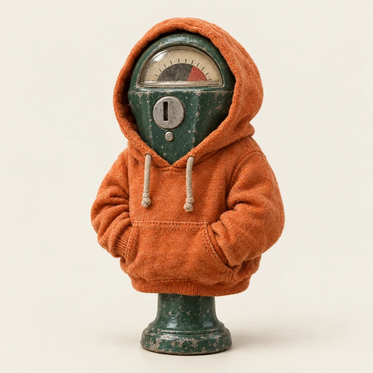 A petrol-green parking meter wearing an orange hoodie.
