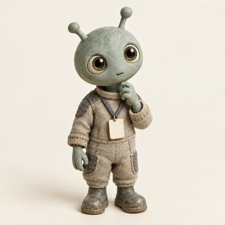 A curious mint-grey alien with a blank visitor badge.
